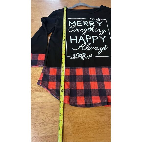 MERRY EVERYTHING HAPPY ALWAYS CHRISTMAS SWEATSHIRT BLACK BUFFALO PLAID SZ M - Picture 3 of 7
